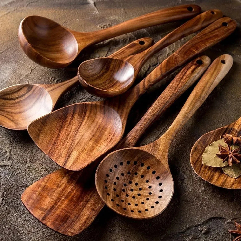 Kit Utensílios de Cozinha de Madeira Natural