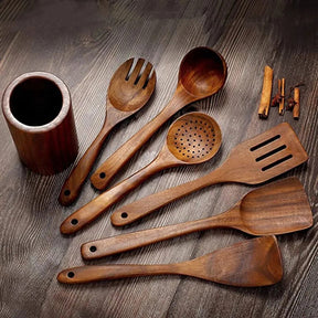 Kit Utensílios de Cozinha de Madeira Natural